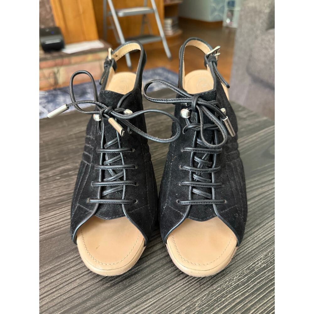 Tod's Black Suede Lace-up, Peep-Toe Slingback Sandals Sz. 38.5